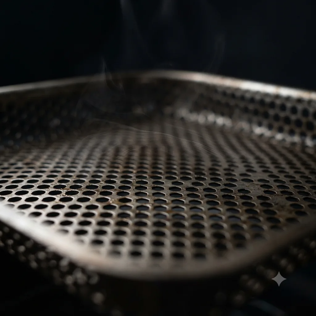Close-up of an air fryer basket's metal mesh with a warm amber glow behind it.