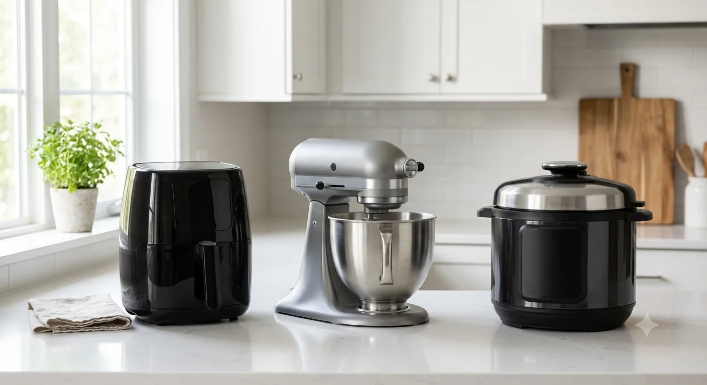 A black basket air fryer, a stand mixer with a stainless steel bowl, and an electric pressure cooker on a white kitchen counter.