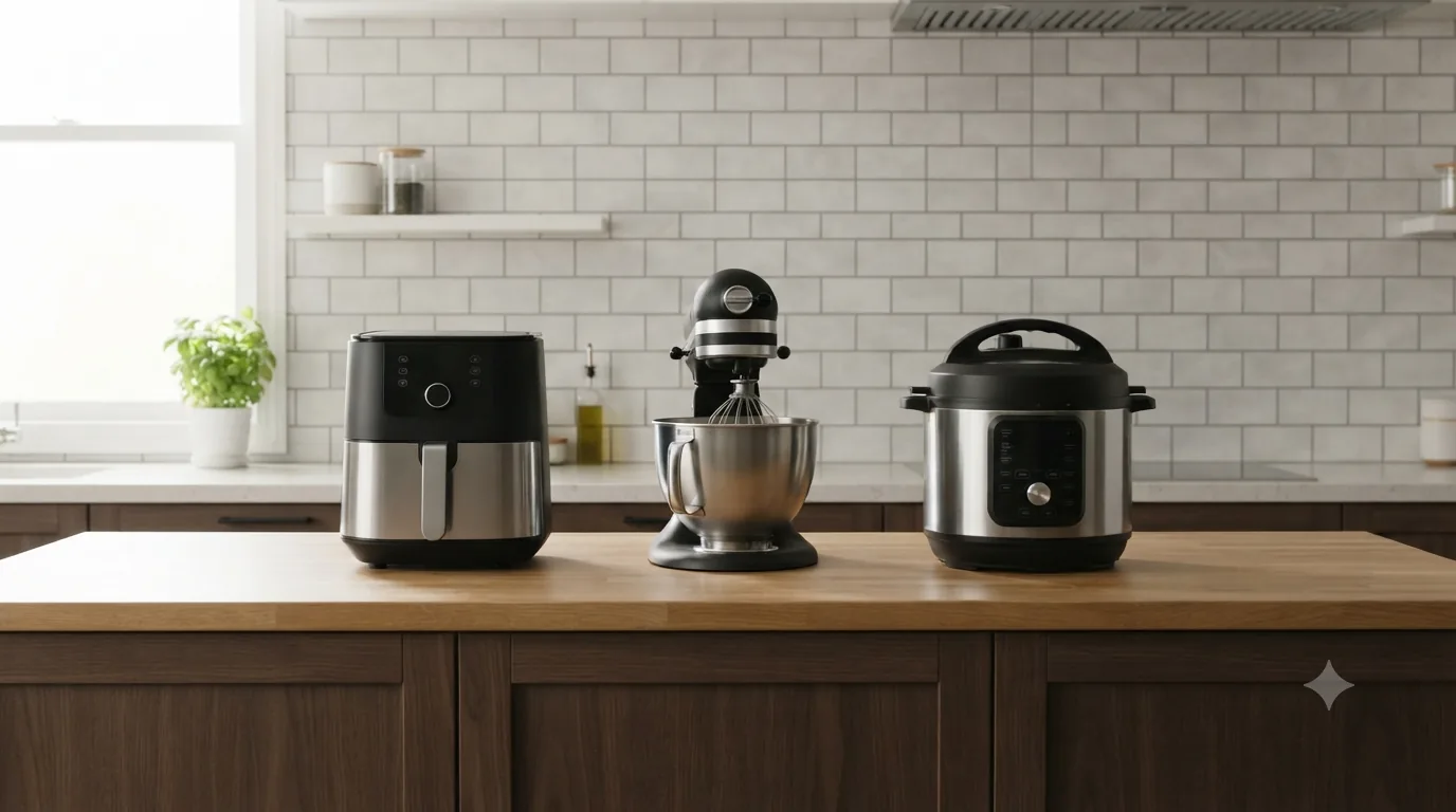 A basket air fryer, a stand mixer with a stainless steel bowl, and an electric pressure cooker standing side by side on a wooden kitchen island in front of a white subway-tile backsplash.