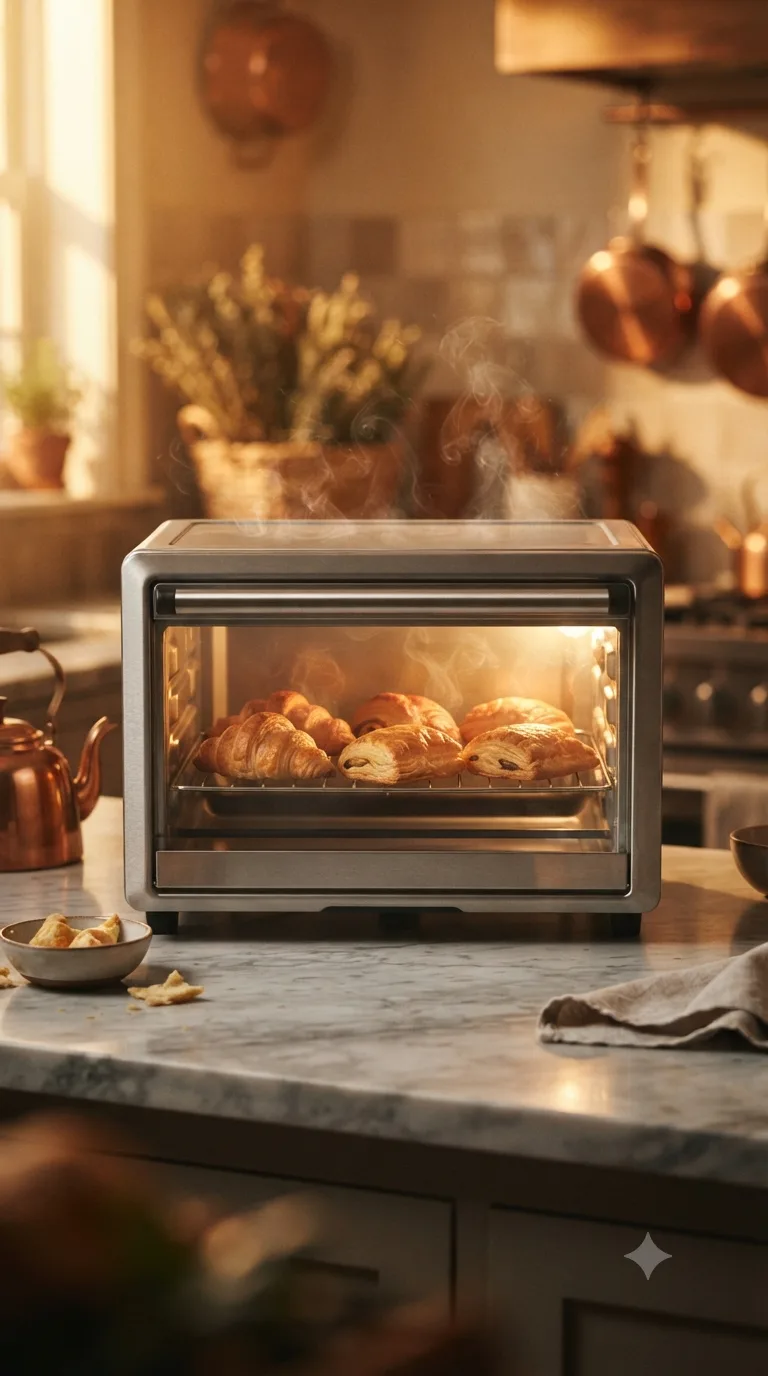 A tray of golden pastries seen through the glass door of a countertop oven, lit by the warm amber glow of the heating element.